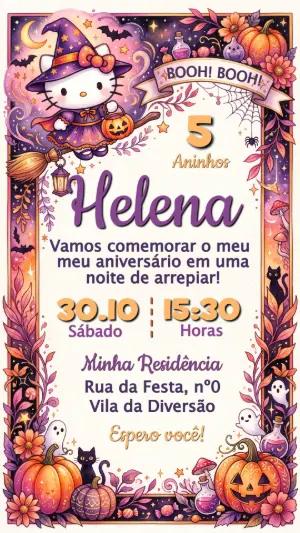 Convite de Aniversário Halloween Hello Kitty Bruxinha Editável