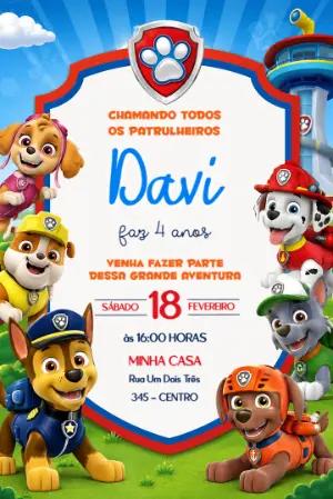 Convite de Aniversário Patrulha Canina Colorido para Editar