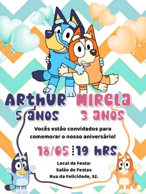 Convite de Aniversário Duplo Bluey e Bingo para Editar Online