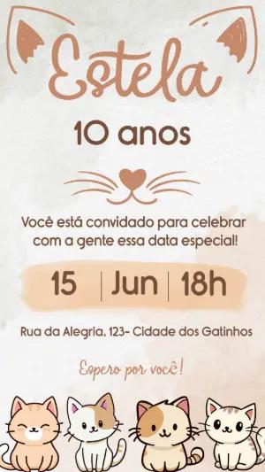 Convite Digital Aniversário Infantil Tema Gatinhos para Editar