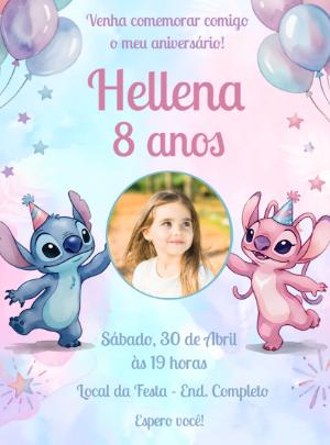 Convite de Aniversário Stitch e Angel Aquarela para Editar