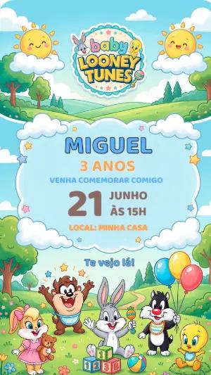 Convite Infantil Baby Looney Tunes Colorido para Editar