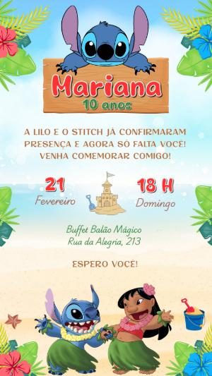 Convite de Aniversário Lilo e Stitch Praia Modelo Editável