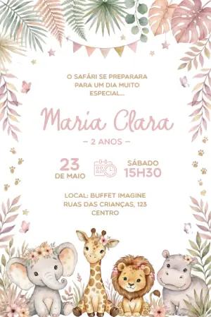 Convite de Aniversário Safari Rosa Aquarela para Editar
