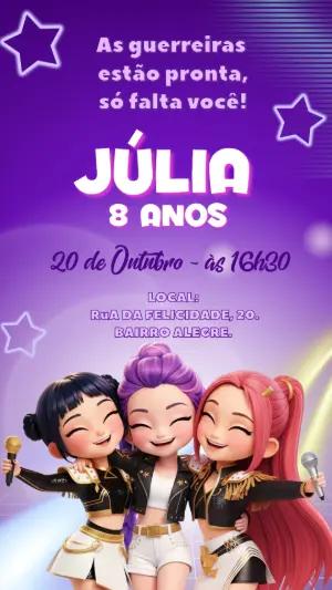 Convite de Aniversário Guerreiras do K-pop Roxo para Editar