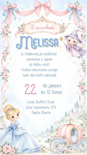 Convite de Aniversário Cinderela Aquarela Editável