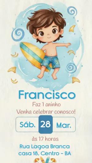 Convite de Aniversário Surfista Aquarela Modelo Editável