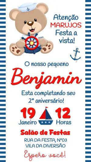 Convite de Aniversário Ursinho Marinheiro Editável