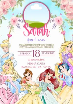 Convite de Aniversário Princesas Aquarela com Foto Editável