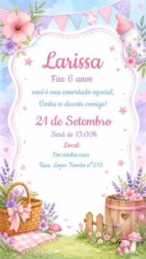 Convite de Aniversário Piquenique Aquarela Floral para Editar