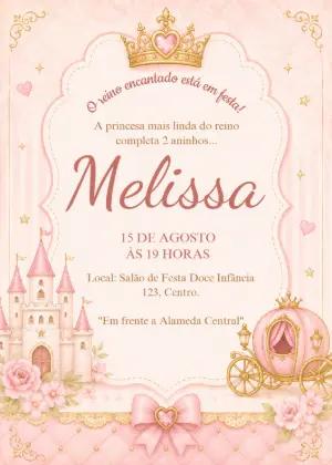 Convite de Aniversário Princesa Rosa e Dourado Editável