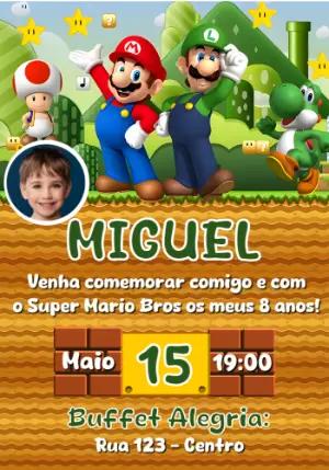 Convite de Aniversário Super Mario com Foto para Editar