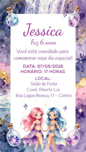 Convite de Aniversário Gêmeas Mágicas Aquarela Editável