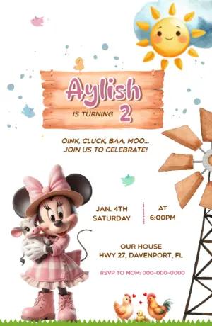 Pink Farm Birthday Minnie Mouse Editable Invitation Template