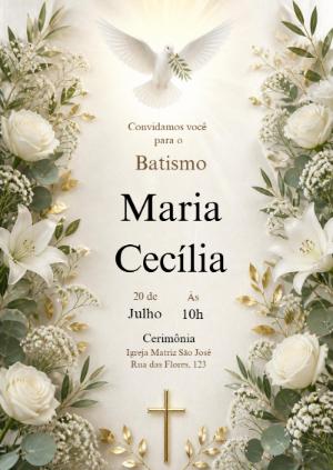 Convite de Batismo Elegante com Flores Brancas para Editar Online
