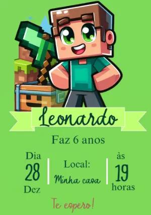 Convite de Aniversário Minecraft com Personagem para Editar