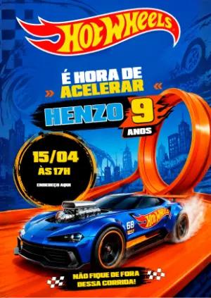 Convite de Aniversário Hot Wheels Azul para Editar