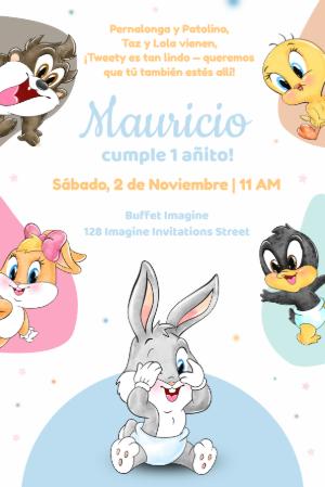 Plantilla Editable de Invitación Cumpleaños Baby Looney Tunes
