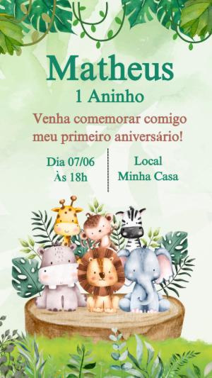 Convite Aniversário Safari com Animais Fofos para Editar Online
