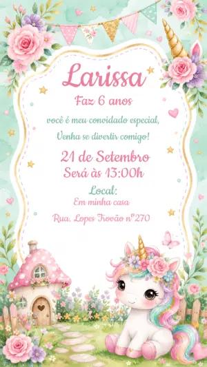 Convite de Aniversário Unicórnio Jardim Encantado Editável