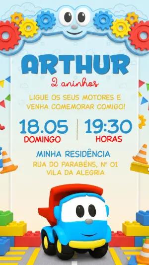 Convite de Aniversário Léo o Caminhão Colorido para Editar