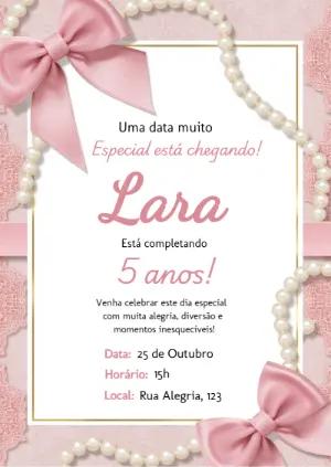 Convite de Aniversário Rosa com Laços e Pérolas Editável