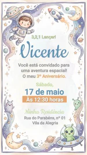 Convite de Aniversário Astronauta Aquarela Editável