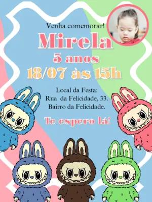 Convite Aniversário Labubu com Foto para Editar Online