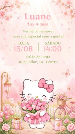 Convite de Aniversário Hello Kitty Jardim Floral Editável