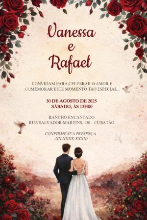 Convite de Casamento Romântico com Rosas Vermelhas Editável