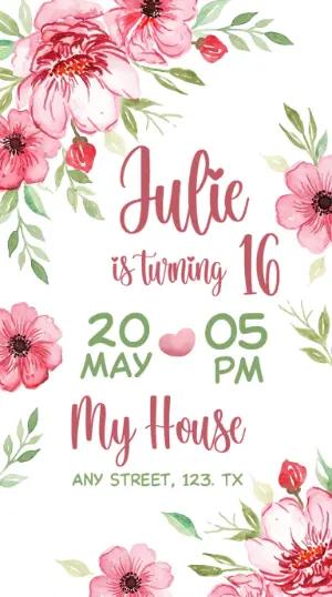 Sweet 16 Birthday Invitation with Watercolor Flowers - Editable Template