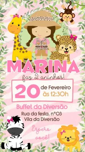 Convite Digital Aniversário Safari Menina Fofo Editável