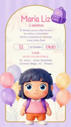 Convite Aniversário Menina Exploradora Aquarela Editável