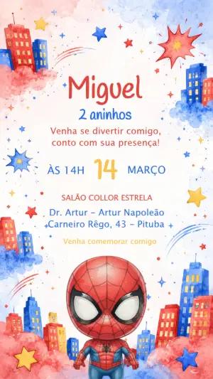 Convite de Aniversário Homem-Aranha Aquarela Editável