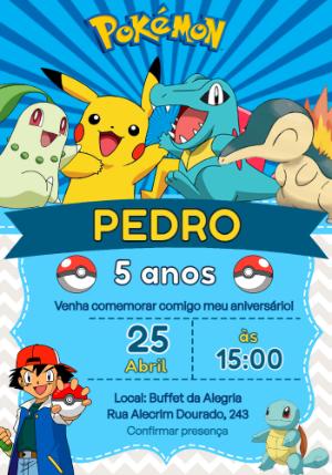 Convite de Aniversário Pokémon com Pikachu e amigos para editar