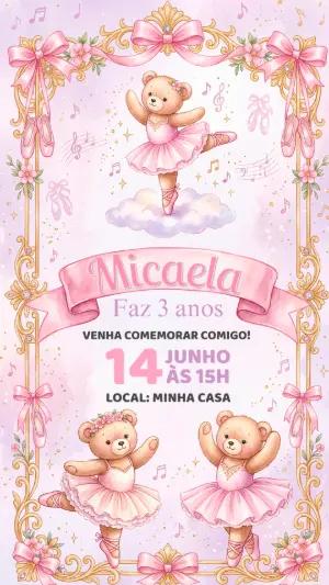 Convite de Aniversário Ursinha Bailarina Rosa Editável