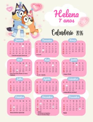 Calendário 2026 Bluey e Bingo Editável para Aniversário Infantil