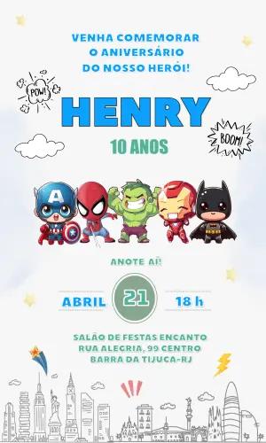 Convite de Aniversário Vingadores Heróis Chibi para Editar e Enviar