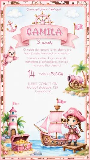 Convite de Aniversário Pirata Menina Editável