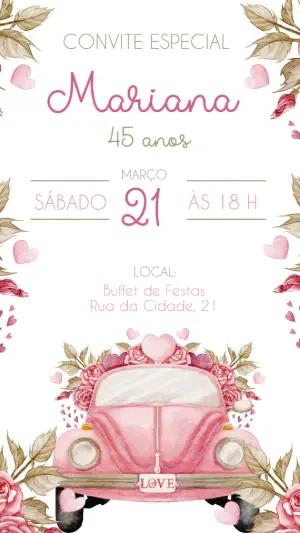 Convite Aniversário Fusca Rosa Floral para Editar Online