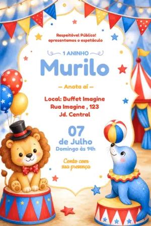 Convite de Aniversário Circo Fofo com Animais para Editar