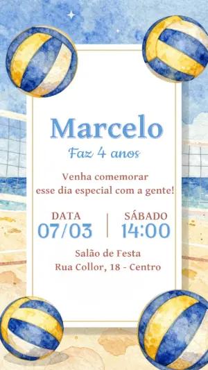 Convite Digital Aniversário Infantil Vôlei Aquarela Editável