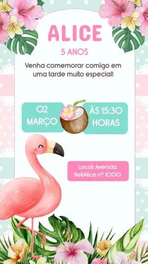 Convite Digital Festa Flamingo e Flores Tropicais Editável