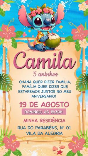 Convite de Aniversário Stitch Tropical Editável para Editar