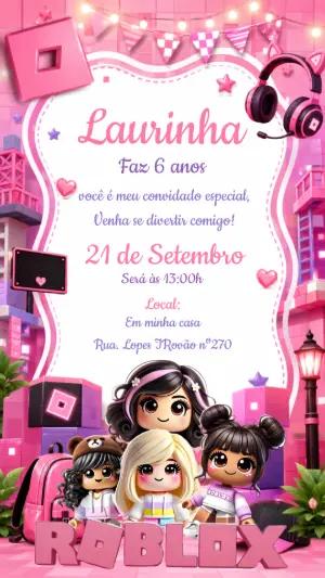 Convite Aniversário Roblox Menina Rosa e Roxo Editável