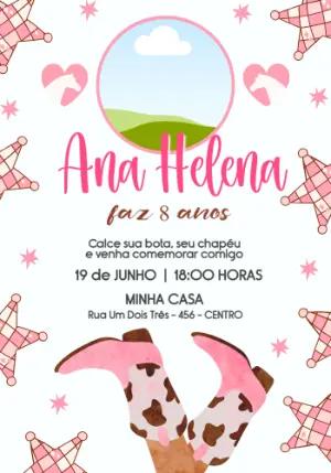 Convite de Aniversário Cowgirl Rosa com Foto para Editar