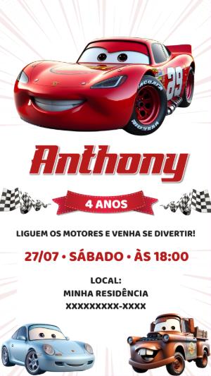 Convite Aniversário Carros Disney para Editar Online e Imprimir