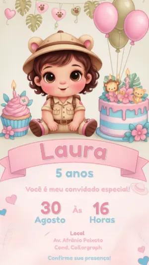 Convite de Aniversário Safari Rosa Menina para Editar