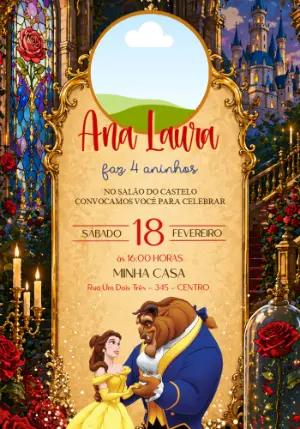 Convite de Aniversário A Bela e a Fera com Foto Editável