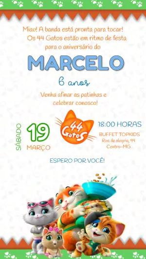 Convite de Aniversário 44 Gatos Infantil para Editar Online